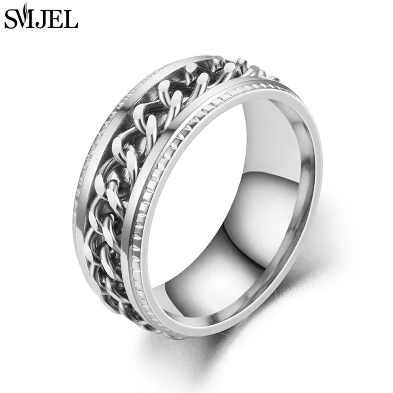 Cool Stainless Steel Rotatable Chain Men\' Ring Multifunctional Fashion 8mm Fidget Spinner Rings Couple Jewelry bague homme 2024