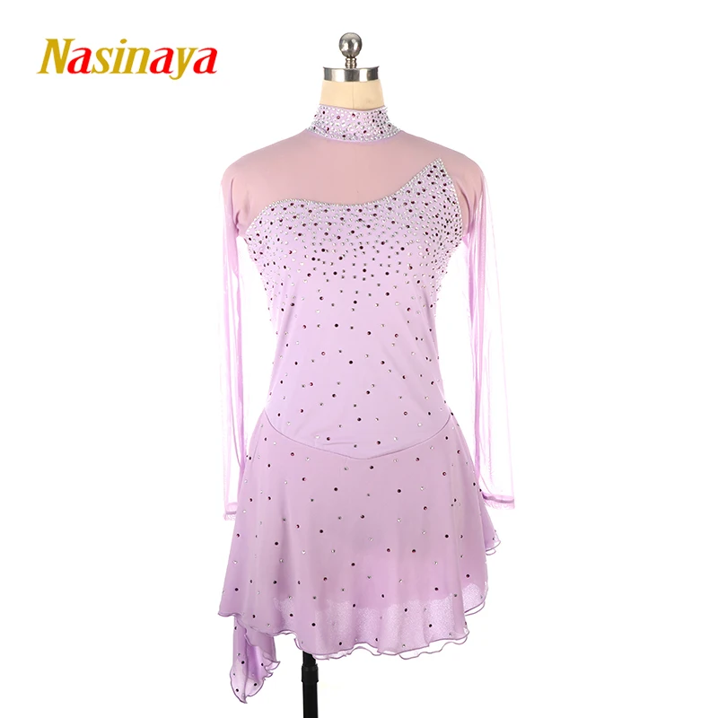 Professional figure skating outfit, women's performance competition dress, light purple sparkling diamond
