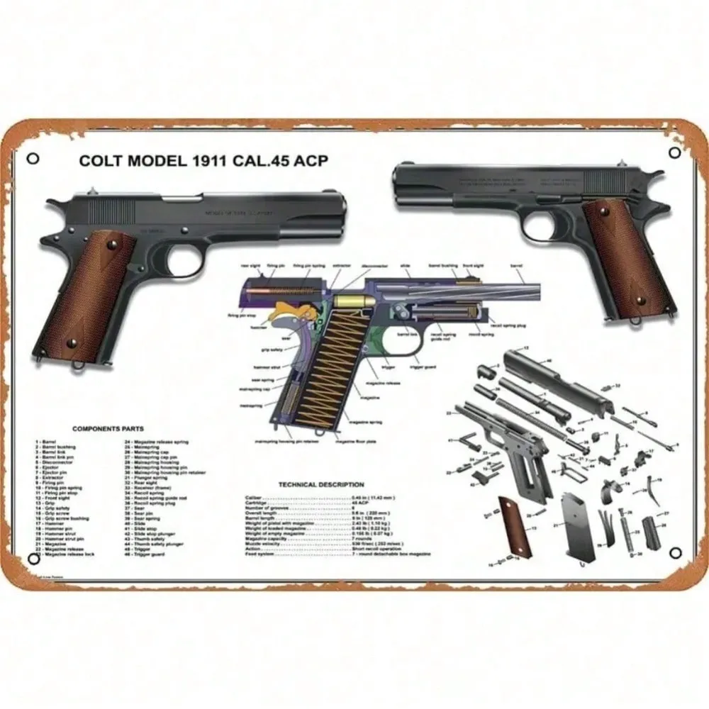 Letrero Metálico Colt 45 1911 de 8x12 Pulgadas, Decoración Retro de Pared para Cuarto de Hombre, Garaje o Bar