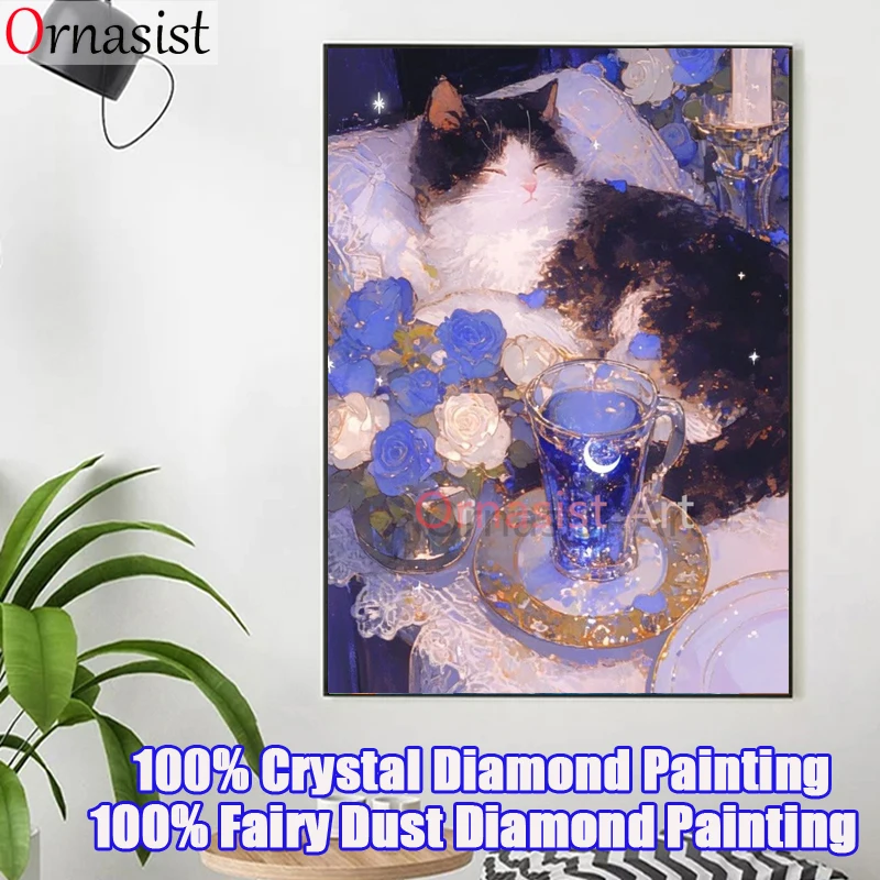 Cat 100% Fairy Dust Diamond Painting Kit Ainmal Full Diamond Cross Stitch Embroidery Flower AB Diamond Art 5D Crystal Home Decor