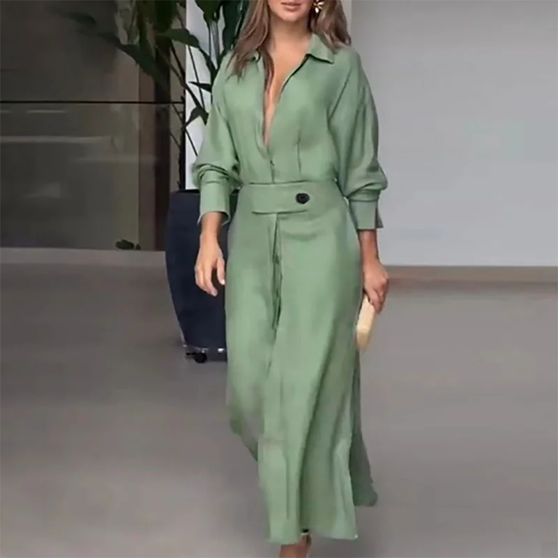 New Spring Multi-color Loose Office Dress Female Casual Side Split Robe Dress 2025 Sexy Deep V Long Sleeved Pocket Shirt Dress