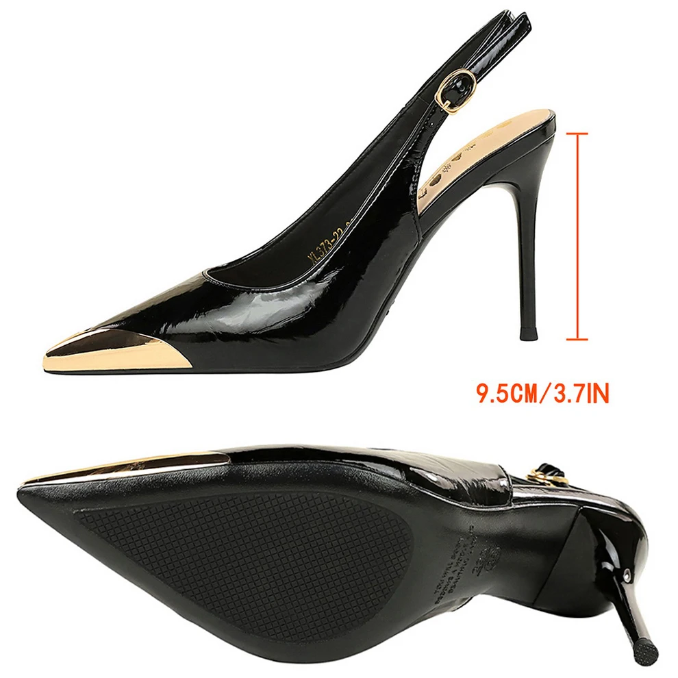 New Women 9.5 Cm Heels Metal Pointed Tip Women Pumps Hollow Out Hook Strap High Heeled Sandals Women Summer Shoes Plus Size 43