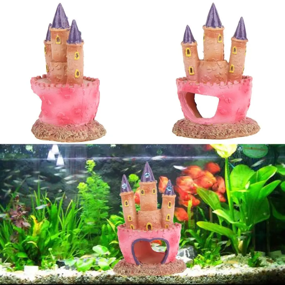 Decoraciones de acuario con forma de castillo de dibujos animados, decoraciones pequeñas de resina para pecera, decoración de paisaje de peceras rosas