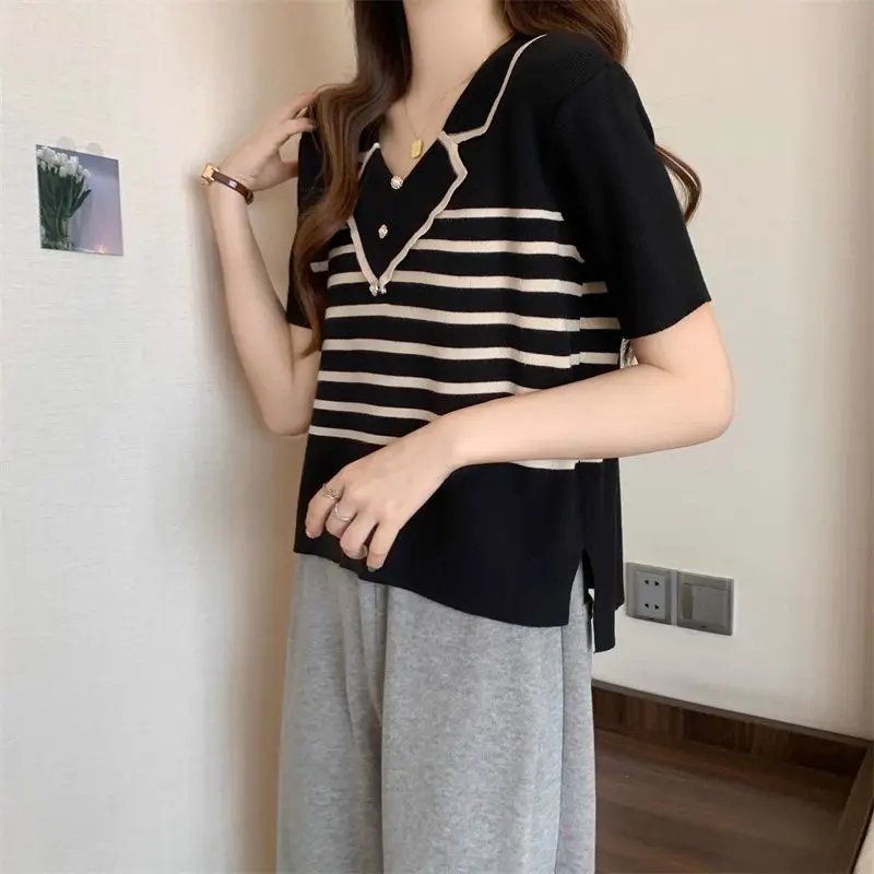 Women\'s 2024 Summer Turndown Collar Patchwork Stripes Embroided Flares Fashion Elegant Slim Fit Casual Short Sleeve Sweaters