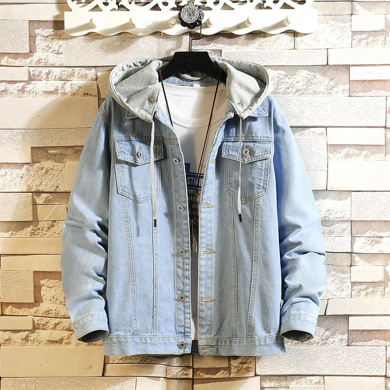 New Fashion Hooded Denim Jacket Men Turn Down Collar Casual Jean Outerwear Streetwear Hip Hop Solid Color Loose Denim Coat Man