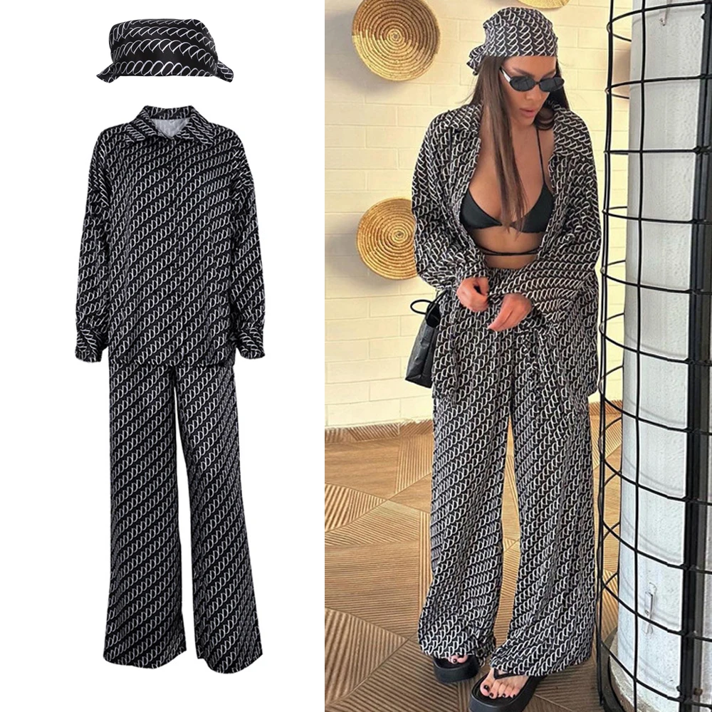 

DriftWear Spring Satin Print Set Long Sleeve Blouse & Wide Leg Pants Outfit Luxury 3pcs Coords with Lightweight Cardigan Suits