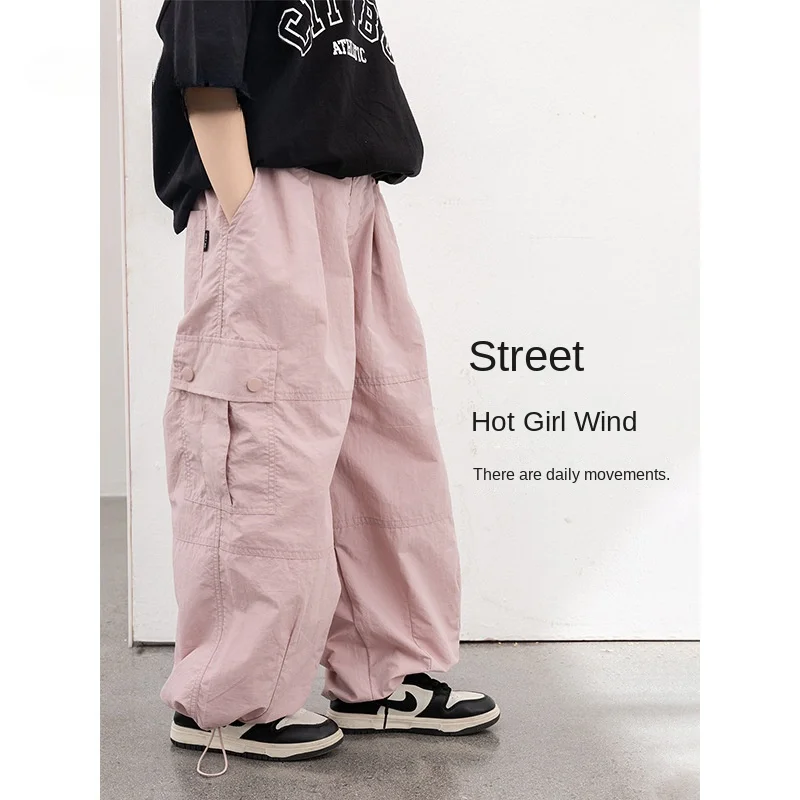 4-9Y Children's cargo pants 2024 spring new girls' American design sense quick-drying wide-leg pants sports leg pants110-170cm