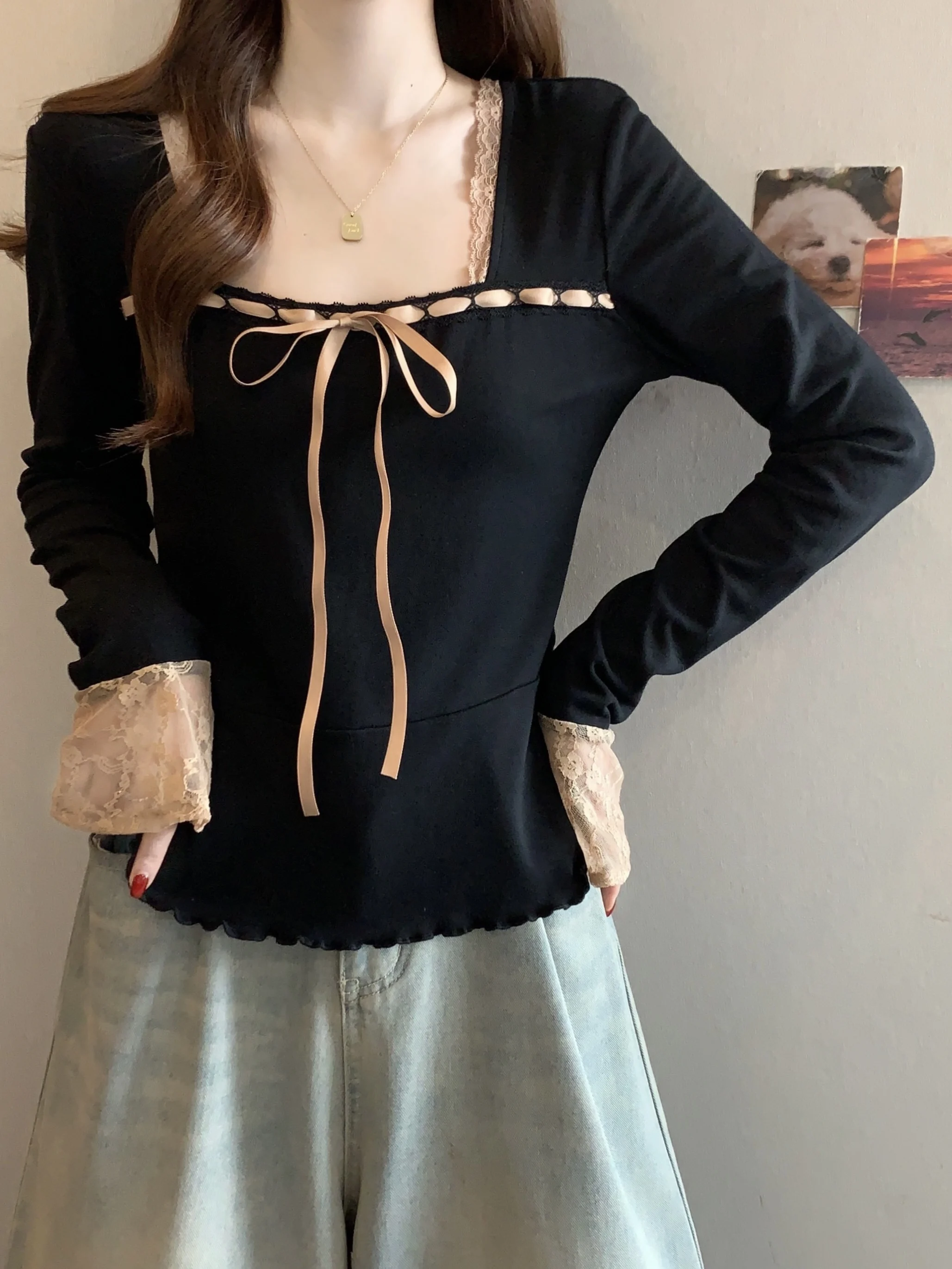 Lace Splice Bell Sleeve Long Sleeve T Shirt Women's Spring Autumn New Large Size Fat MM Square Collar Top High End Feeling Sm...