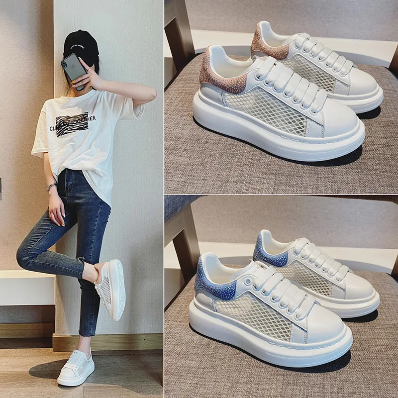 Little White Shoes Women's Leather Shoes New Single Mesh Breathable Rhinestone Versatile Sports Leisure Board Sneakers