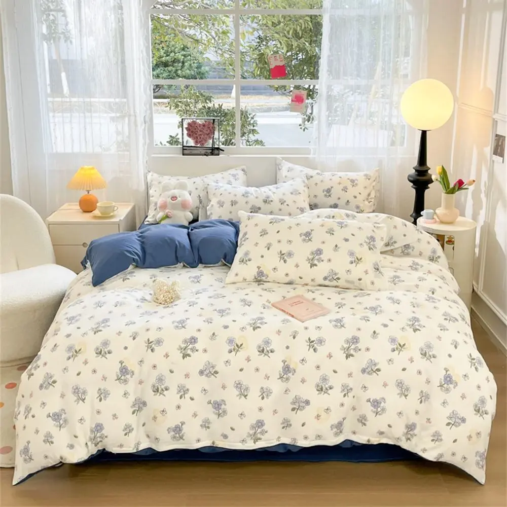 Ins Blue Floral Bedding Set For Girls Boys Double Size Flat Sheet Duvet Cover and Pillowcase Soft Bed Linen Adults Home Textiles