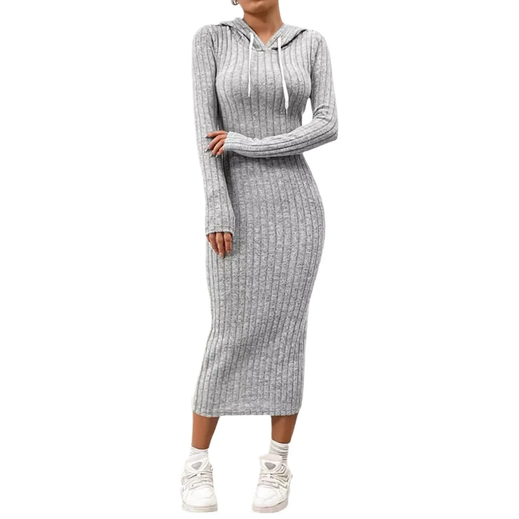 2026 Autumn Winter Women Ribbed Hooded Dress Elegant Chic Long Sleeve Corset Slim Knitted Bodycon Hoodies Pencil Dress Street