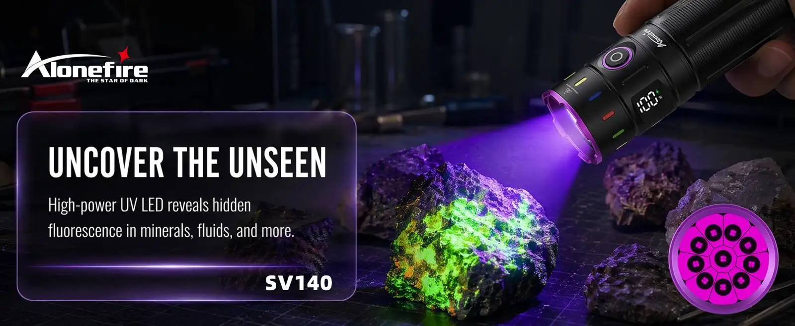 Alonefire 200W 365nm Hochleistungs-LED UV-Schwarzlicht-Taschenlampe, wiederaufladbar, zum Aushärten von Tierurin, zur Erkennung von Tinea, Erzen, Geld und Skorpione – Detail 1