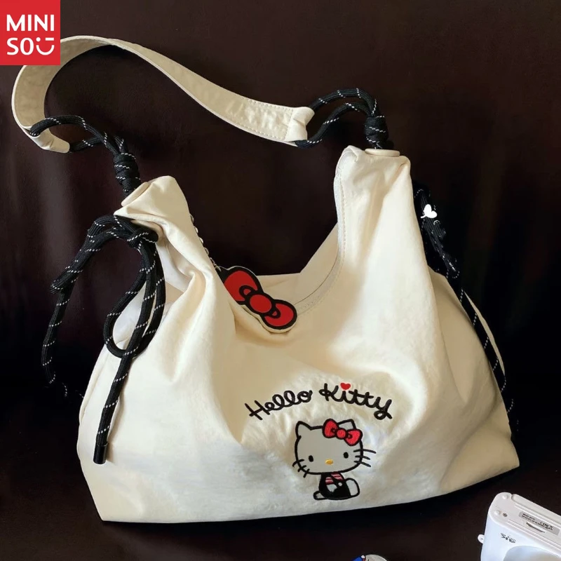 Miniso 2025 Hello Kitty Canvas Tote, Summer Embroidered Shoulder Bag for Commute