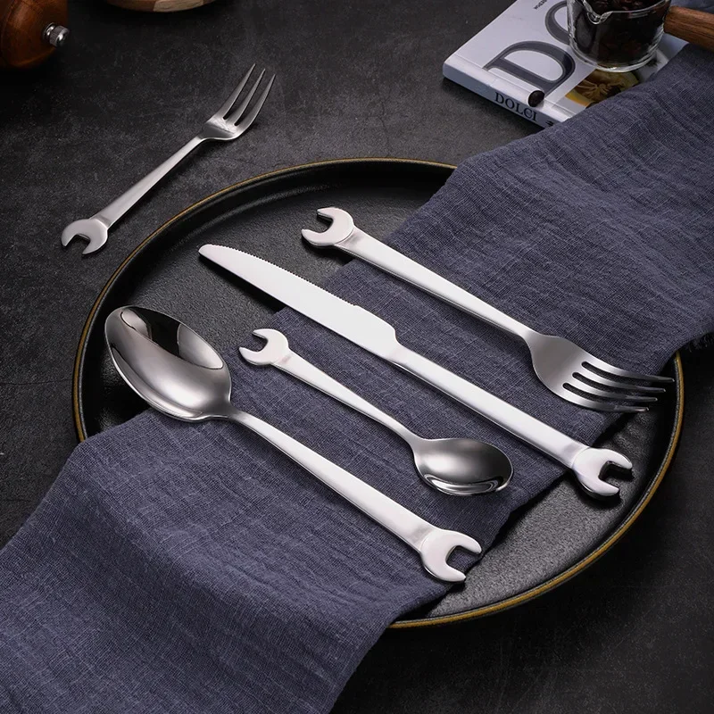 6pc/set  Creative Wrench Shape Tea Fork 304 Stainless Steel Dinner Spoon Coffee Cutlery Set Tableware Family Camping Kitchen