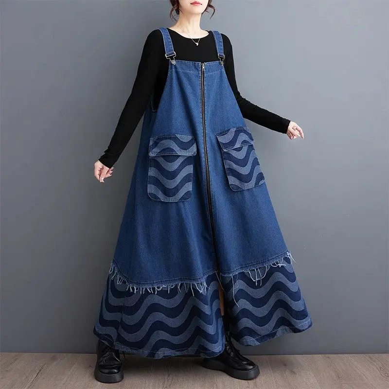 2025 Spring Autumn Women's Vintage Temperament Denim Sleeveless Strap Dress Loose Popular Design Jeans Overall Dress  Z3844