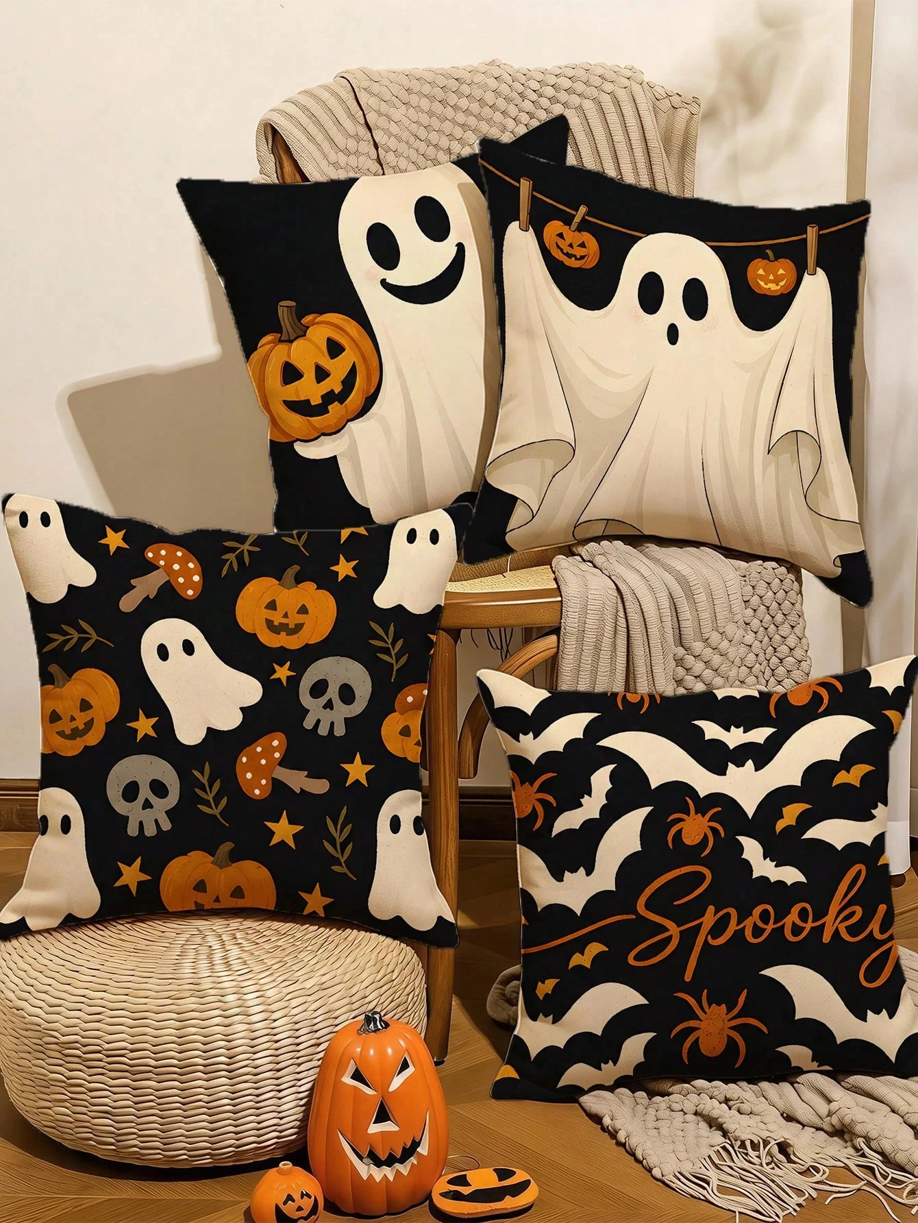 1pc Halloween Ghost Throw Pillow Cover Polyester 2D Double‑Sided Print Pumpkin Bat Spider Spooky for Sofa Living Room Fall Holid