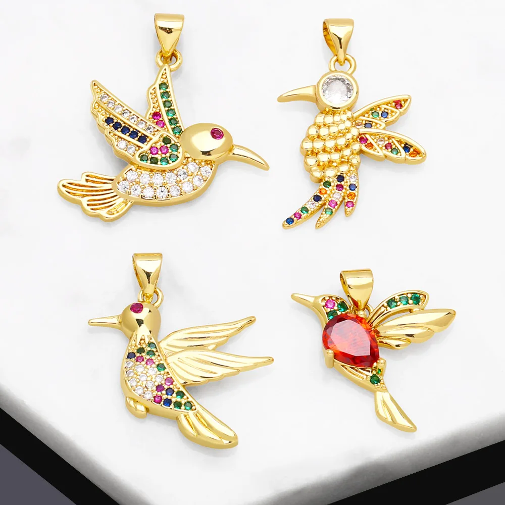 OCESRIO Multicolor Crystal Hummingbird Pendant for Necklace Copper Gold Plated CZ Animal Amulet Jewelry Making Component pdtb049