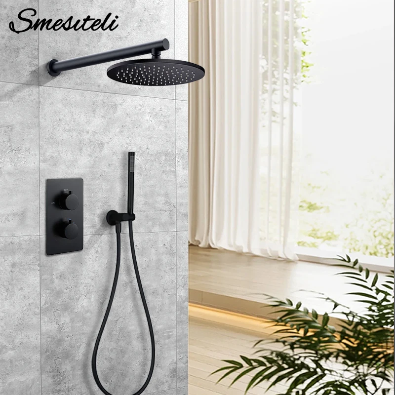 8-16 Inch Matte Black Thermostatic Shower fuaucet Recessed Brass Valve Concealed Thermostat Tap Bathroom Shower System