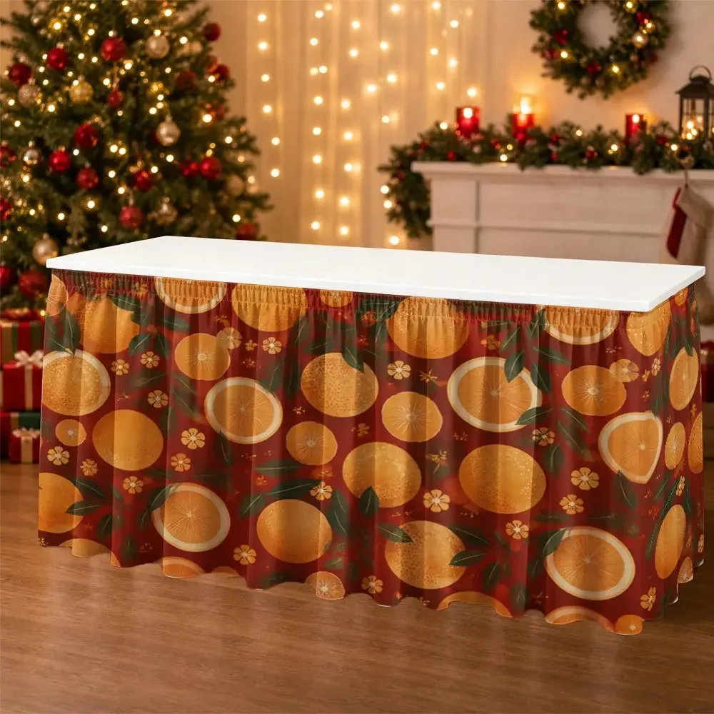 Table skirt / tableskirt - 1-piece party table skirt decoration with orange slices and leaf pattern print