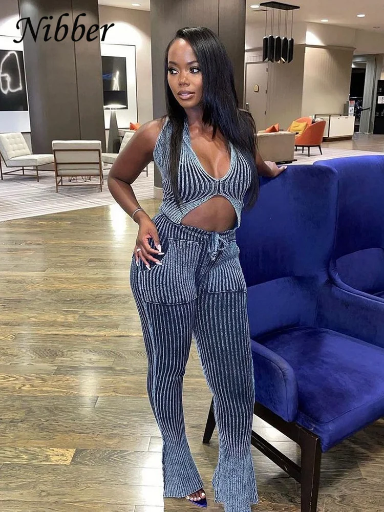 Nibber Blue Knitted Striped Two Piece Set Women Crochet Casual Halter Deep V-Neck Vest+Skinny Elastic Pants Female Outfits Suit