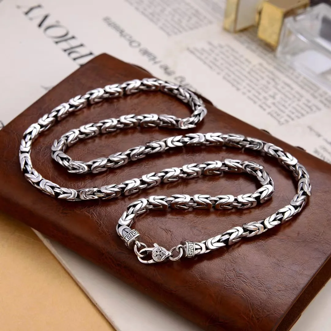 

S925 Silver Necklace Men's Vintage Thai Silver Peace Pattern Tidal Men's Collar Chain Handmade Personality Square Side Chain