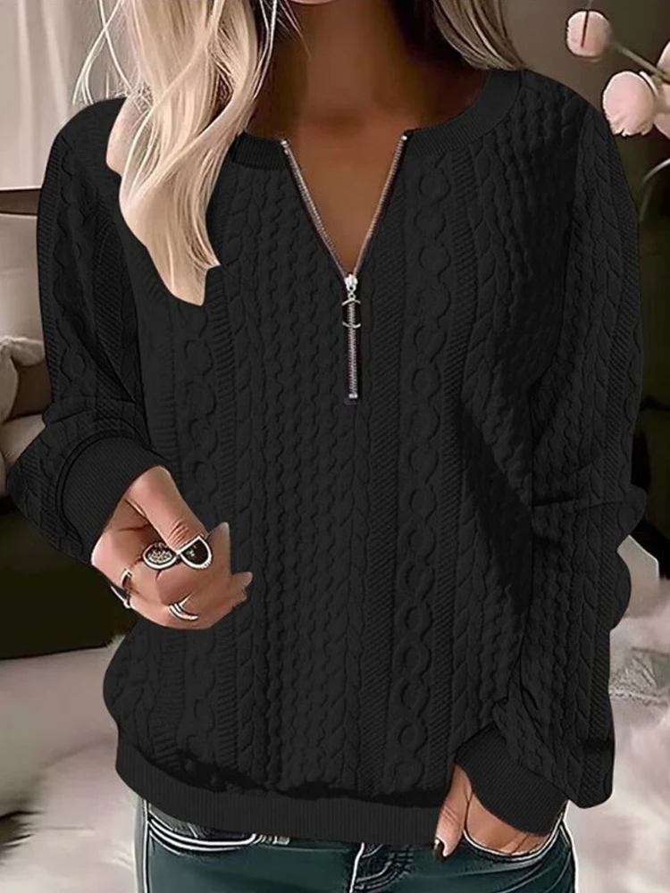 Neue Lose Gestrickte Halb Zipper V-ausschnitt Shirts Herbst und Winter Frauen T-shirt Casual Langarm Tops Einfarbig Büro Pullover