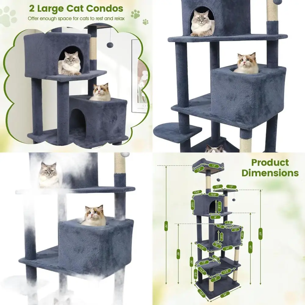 

75 High Multi-Level Cat Tree with Sisal Posts, 2 Perches, Hammock, Balls, and Grey Condos for Indoor Play and Rest