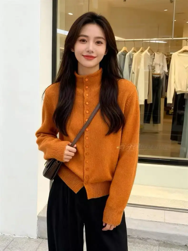 

Women's sweater 100% Pure Wool Korean Style Soft Cardigan Mock Neck Long Sleeve Relaxed Vibe Fashion Casual Knitted Sweater Tops