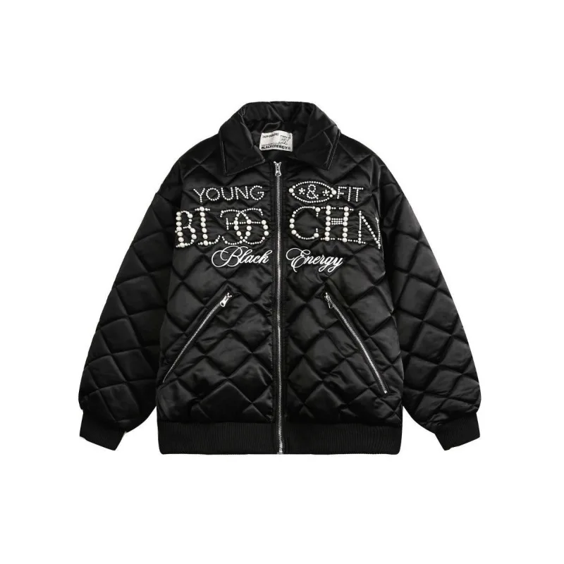 Beading Rhombus Men's Padded Coas American Retro Embroidery Winter Bomber Jackets Women Parkas Fashion Men Winter Clothes Unisex