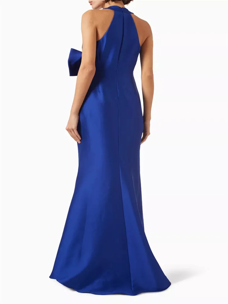 Customized Halterneck Evening Dress With Blue Bow Decoration, V-neck Bodice With Large Central Bow Decoration, Flared Hem Dress