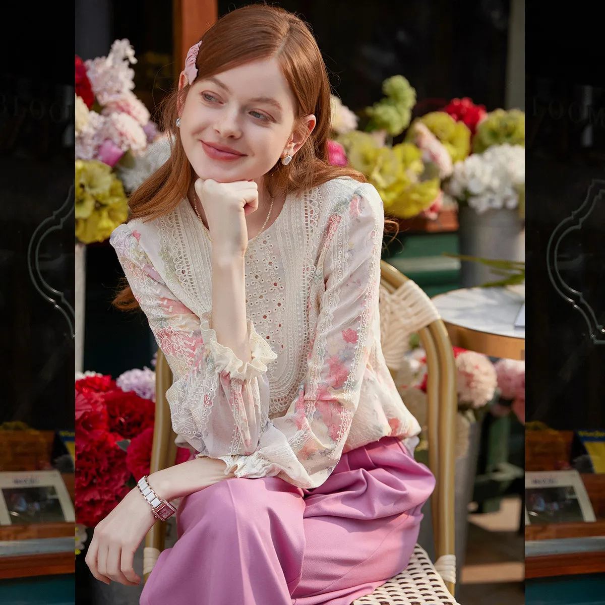 

Женская блузка LOUISYAO с кружевной отделкой и принтом, весна 2026, французский романтический стиль, с круглым вырезом и кружевными вставками