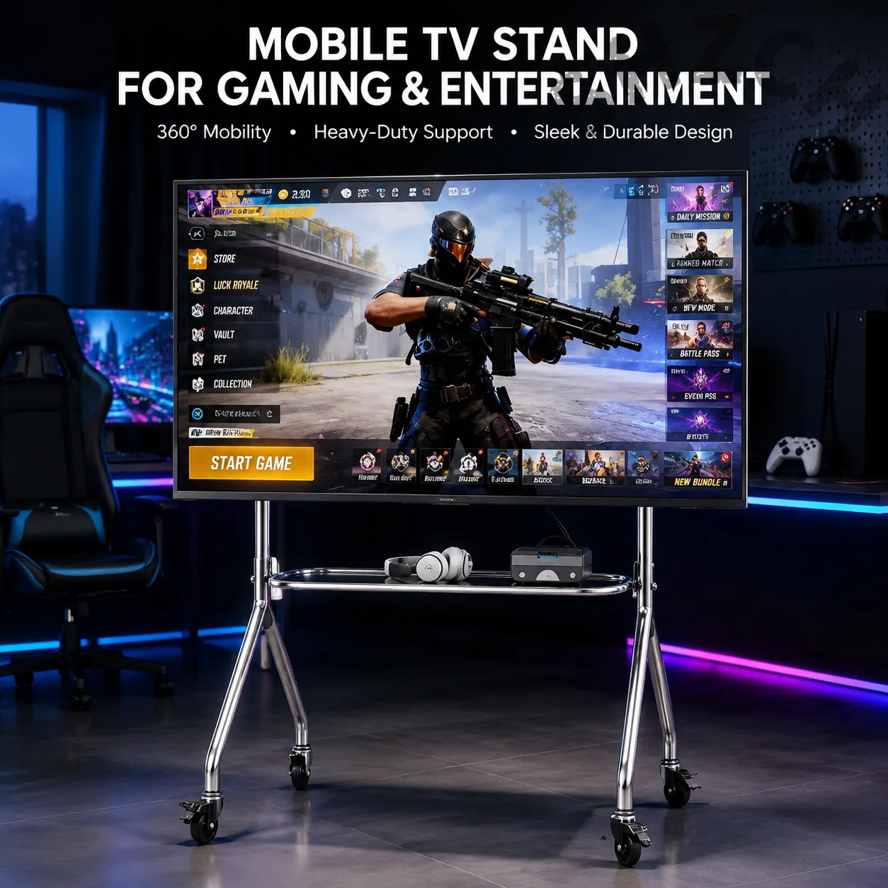 Stainless Steel TV Stand for 32–75 Inch TVs – Mobile with Casters, Built-in Storage, Modern Living Room Furniture