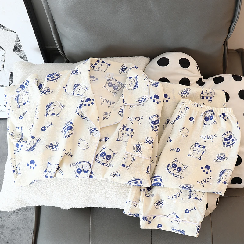 Jesień nowy niebieski słodki kociak dwuczęściowy zestaw piżam koreański Casual Cartoon Kawaii bielizna nocna damska bawełniana dekolt w serek moda Homewear