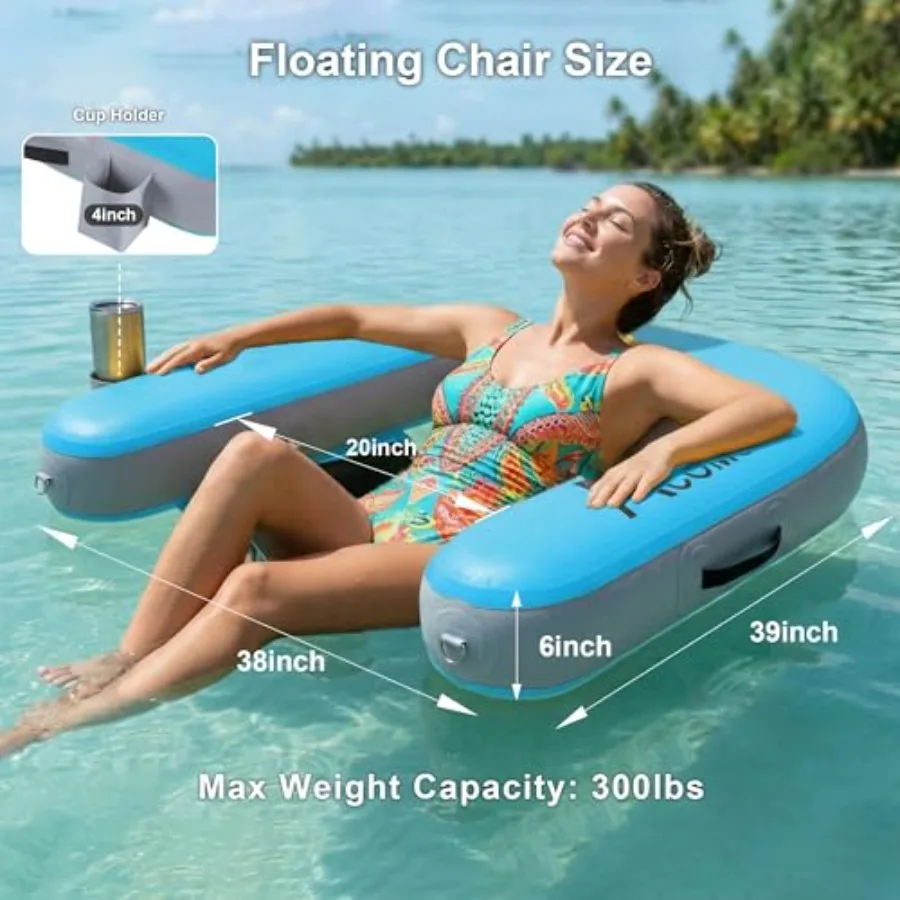 Inflatable Floating Chair for Lake, Drop Stitch PVC, Blue, Heavy-Duty with Cup Holder and Pump