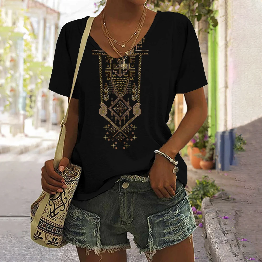Tribal Ethnic Style 3D Print T-Shirts Women Fashion Vintage Streetwear Short Sleeve V-Neck T Shirt Girl Tees Tops Woman Clothing