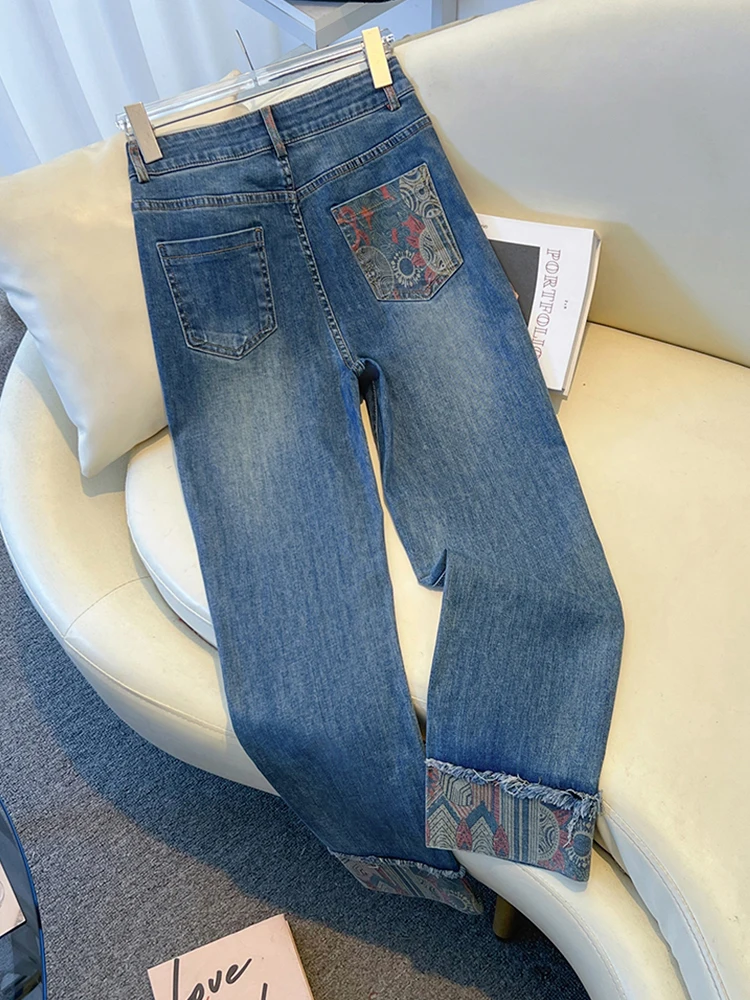 

High Waist Straight Leg Nine Inch Jeans Women's Denim Pants Slimming Cigarette Pants Summer New Arrival Blue Cotton Blend