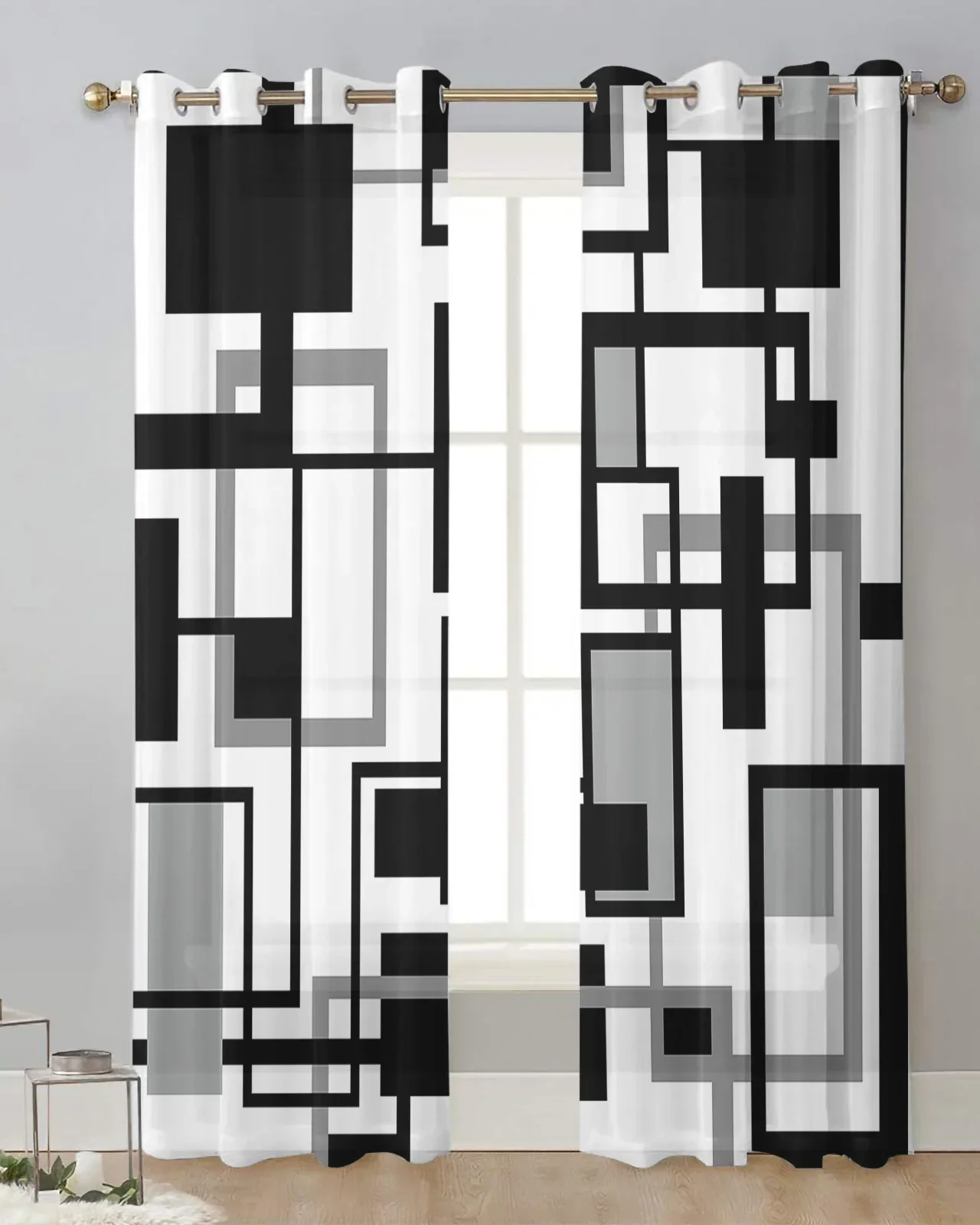 Geometric Black White Gray Tulle Curtain for Living Room Bedroom Modern Sheer Curtains Transparent Window Treatment