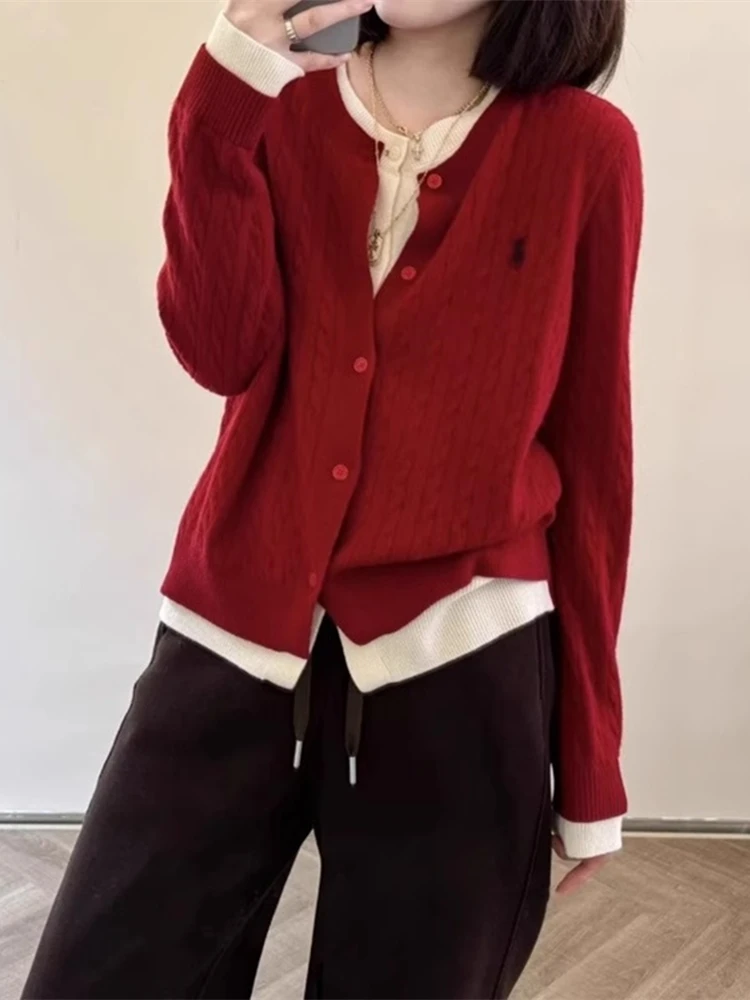 

Женский кардиган из 100% мериносовой шерсти с круглым вырезом, искусственный кашемировый свитер из двух предметов, осень-зима, повседневный модный вязаный кашемировый свитер на пуговицах