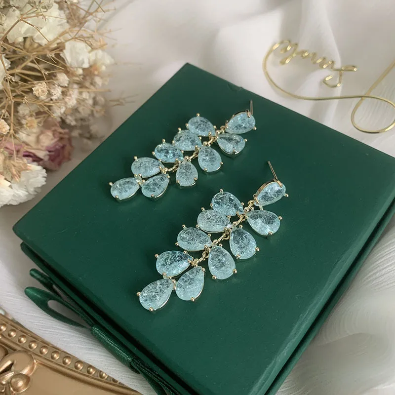 

Blue Leaves Ice Stone Earrings For Women Cubic Crack Crystal Flower Tassel Fashion Jewelry Luxury Trendy Zircon Wedding Gift