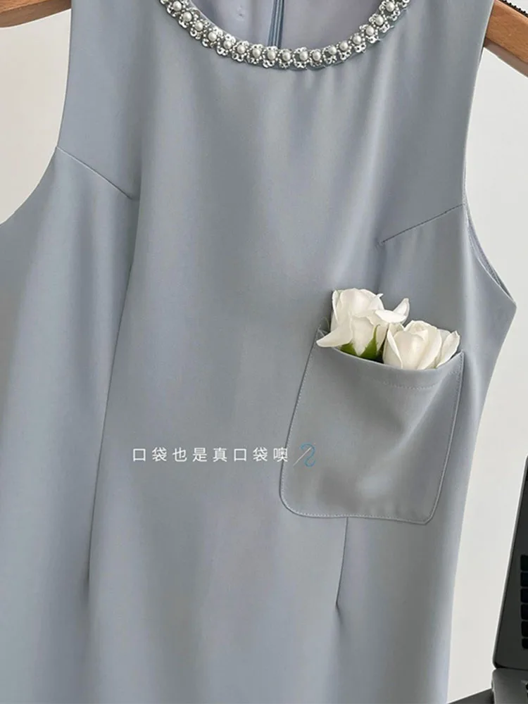 New Blue Design O-Neck Sleeveless Camisole Dress Office Women Ins Sexy Slim Pockets A-line One-Piece Summer Sweet Elegant Frocks