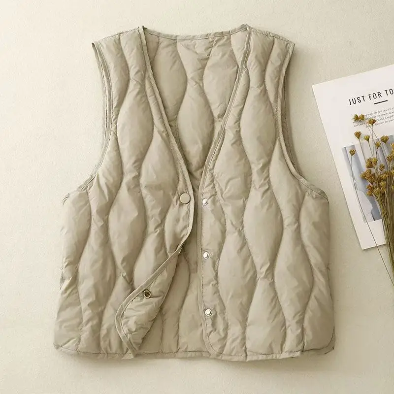 

Women's Autumn Winter Sleeveless Padded Vest Coat Classic V-neck Black White Beige Vest Jacket Short Cardigan Cover Up Tops