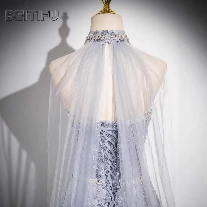 فستان سهرة نسائي أنيق مكشوف الكتفين وأكمام طويلة ترتر ثقيل فساتين لحفلات الولائم للنساء فيستدو دي فييستا