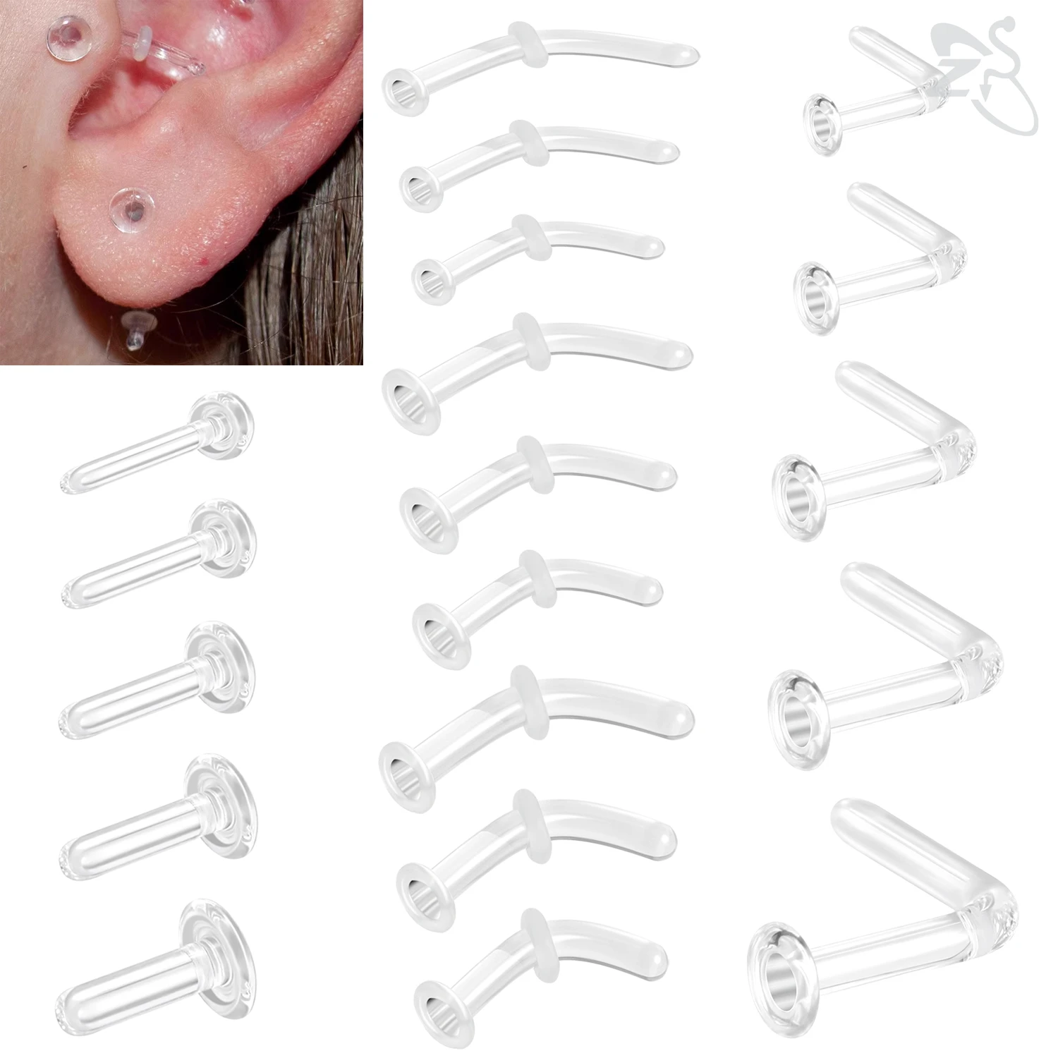 ZS 1 PC Transparent Glass Nose Piercing Retainer Invisible L/I Shape Nose Stud 0.8-2.4MM Cartilage Daith Helix Piercings Jewelry