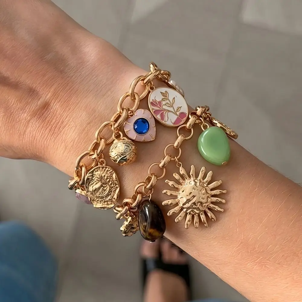 Trendy Charm Enamel Bracelet Print Pattern Flower Vintage Geometric Floral Bracelet Glaze Long Bohemian Bracelet Gift