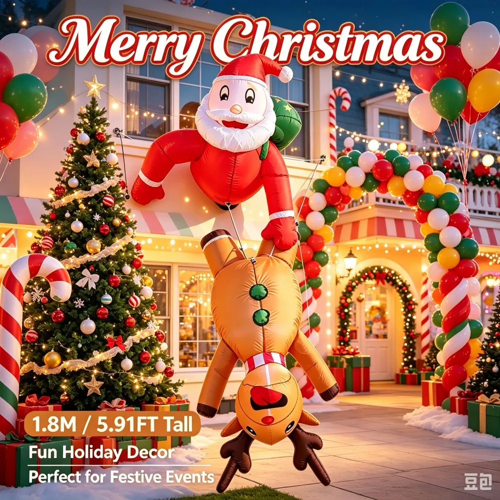 1.8M Christmas Inflatable Hanging Santa Grabs Reindeer Built-in LED Light for Indoor Outdoor Xmas Eaves Window Decoration Props