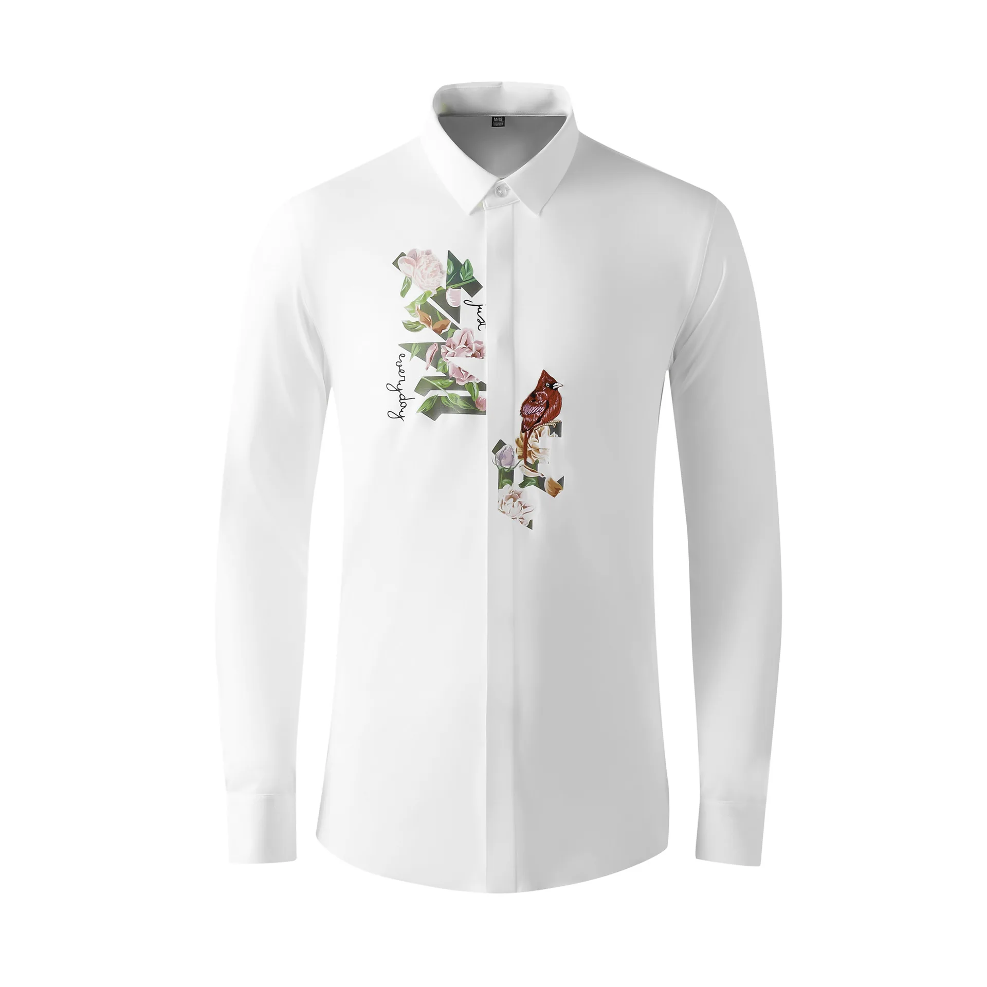 Men's seamless elastic fit shirt with letter bird embroidery print decoration for young men's clothing