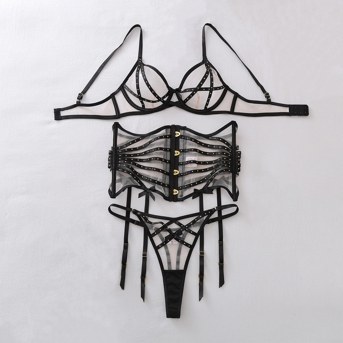 

Fashion Metal Rivet Decorated Women Lingerie Set Sexy Mesh Corset Slimming Body-Shaping Underwear Split Set Bra and Panty Set