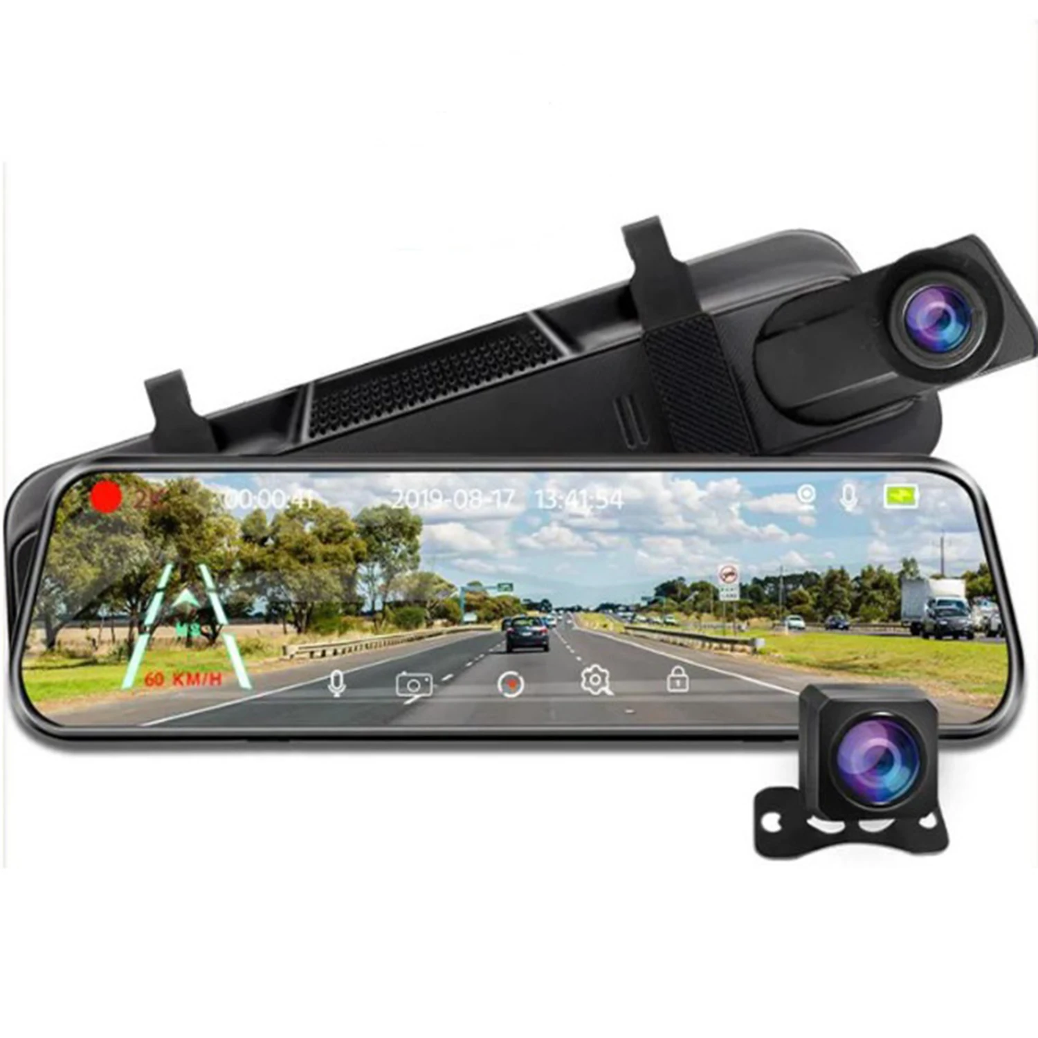 1Set Streaming Rearview Mirror Night Vision Car DVR Dash Cam 10" Touch Screen HD 1080P/30FPS 2 Cameras(Front/Rear) For 12V Car