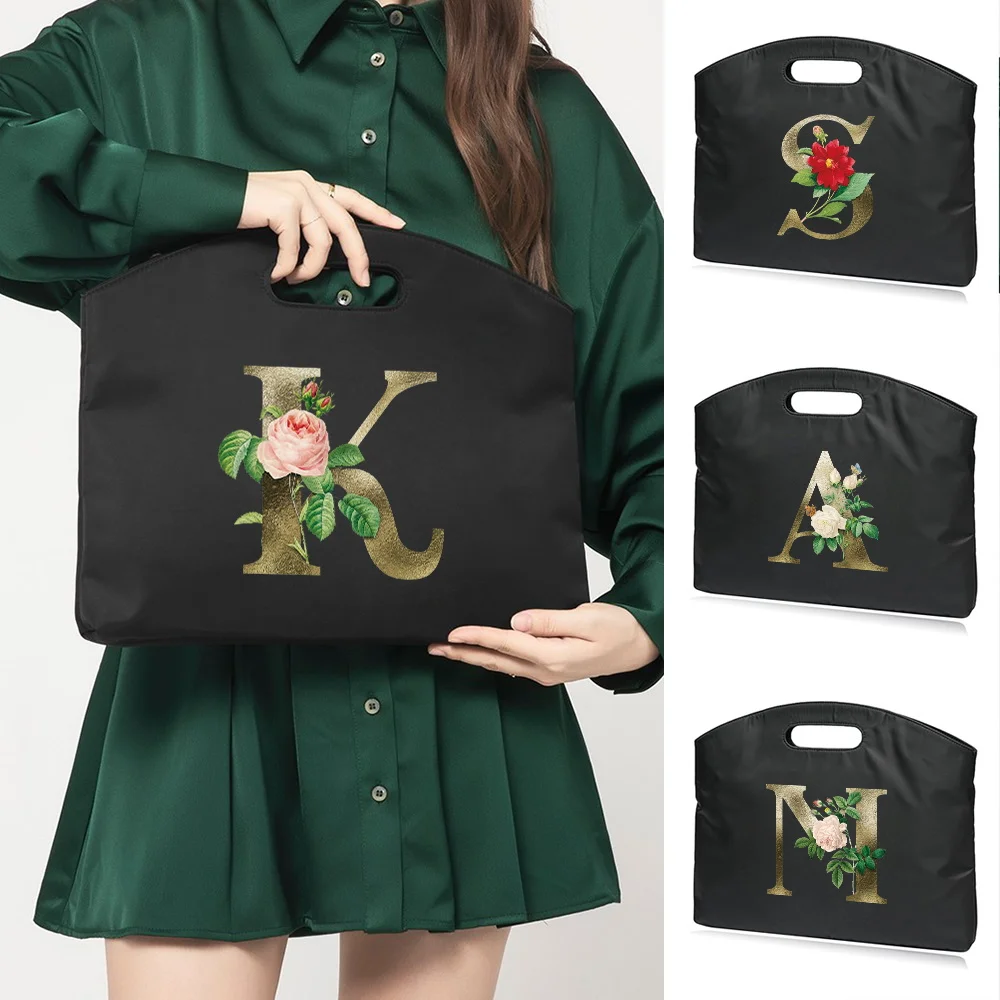 Unisex Briefcase on Business Trip  Handbag Work Laptop Bagfor Golden Flower Letter Print Conference  Document Bag