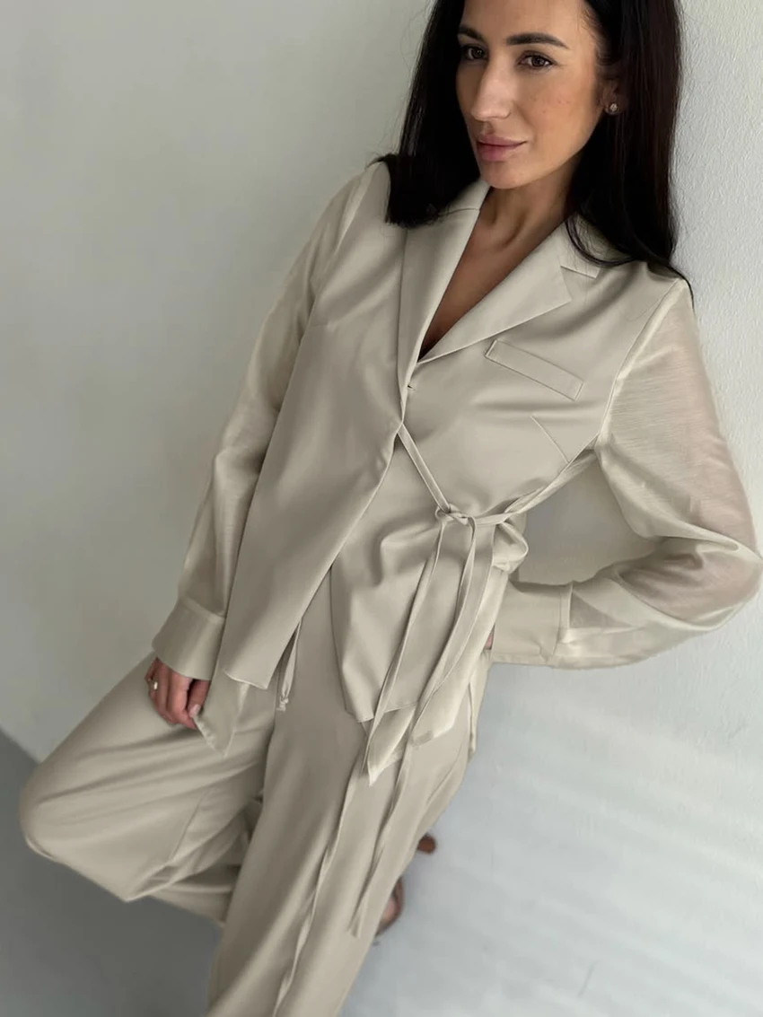 Marthaqiqi Casual Female Pajamas Suit Turn-Down Collar Nightie Long Sleeve Sleepwear Lace Up Nightwear Pants Loose Nightgown Set